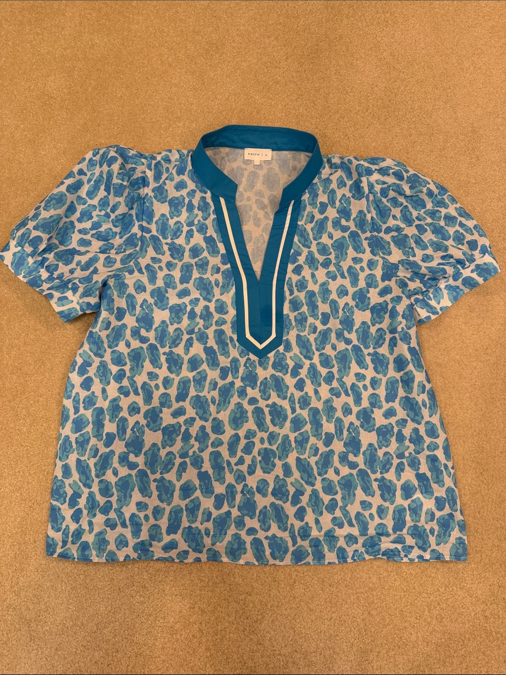 Blue Animal Print Split-Neck Top